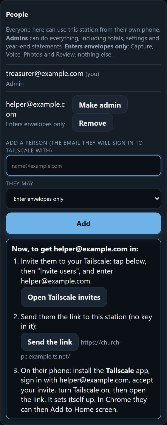 Setup, People: treasurer@example.com (you), helper@example.com just added, and the three steps to get them in